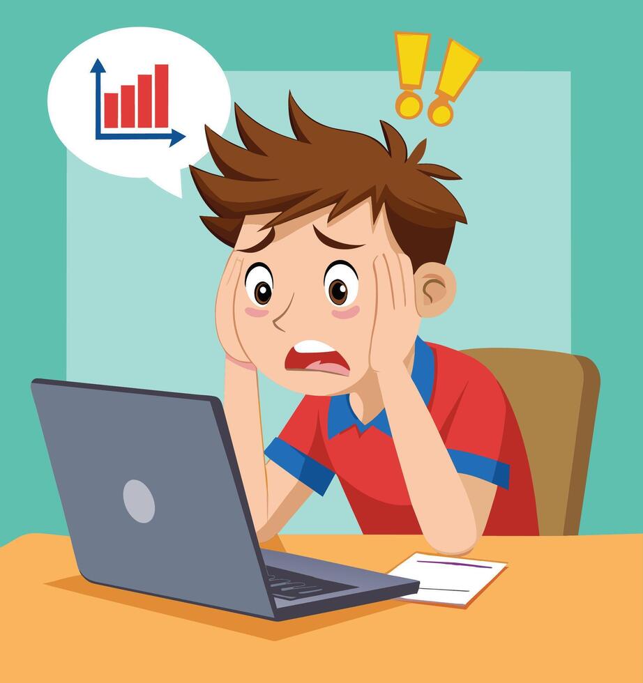 Stressed cartoon boy with low battery icon vector