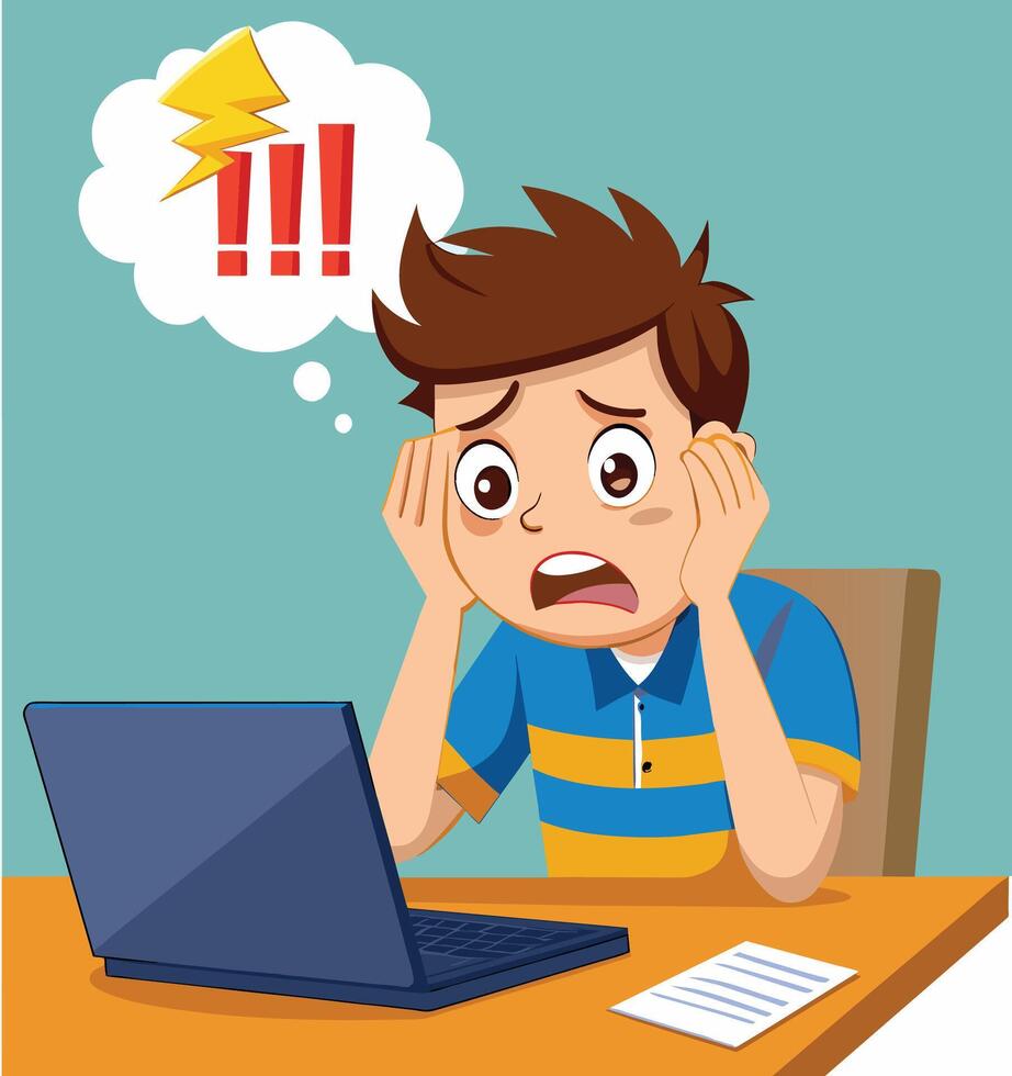 Stressed cartoon boy with low battery icon vector