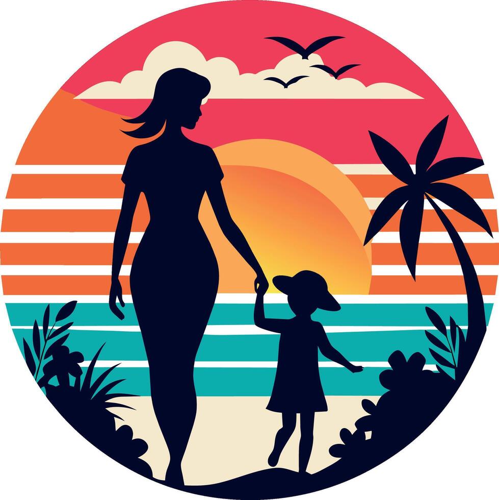 madre y niño playa silueta a puesta de sol vector