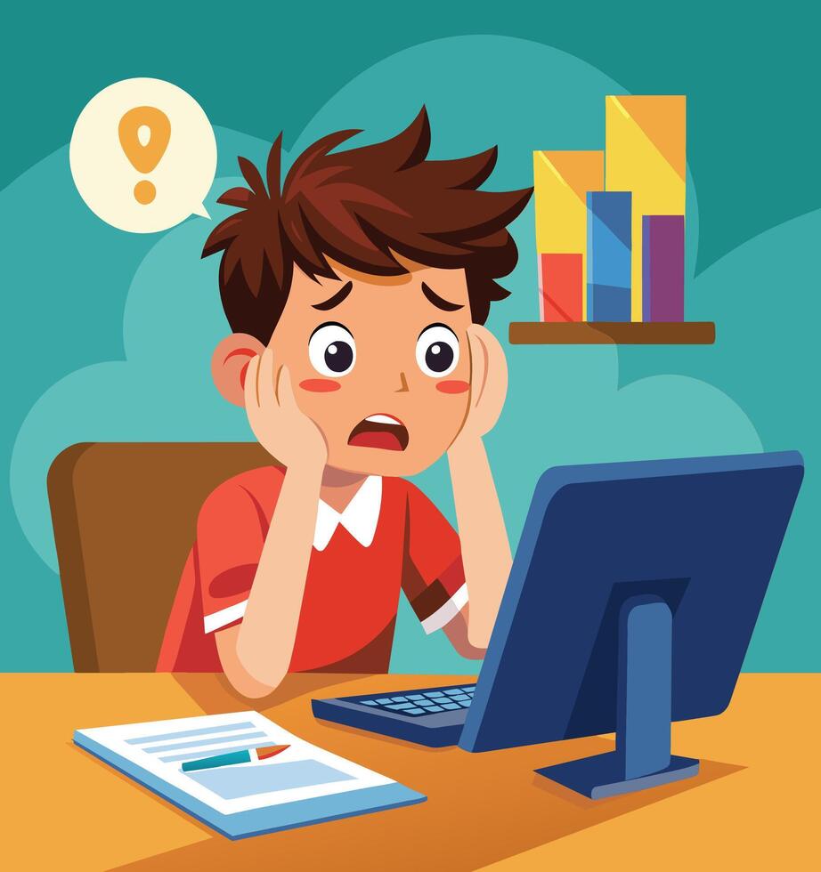 Stressed cartoon boy with low battery icon vector