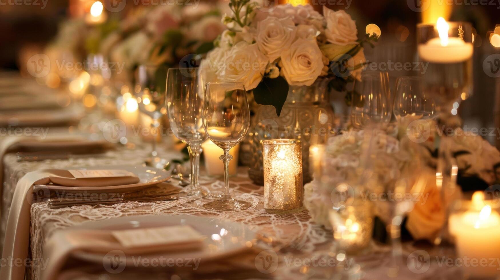 The intricate patterns of the lace tablecloth are beautifully highlighted by the warm light of the candles adding a touch of elegance to the table setting. 2d flat cartoon photo