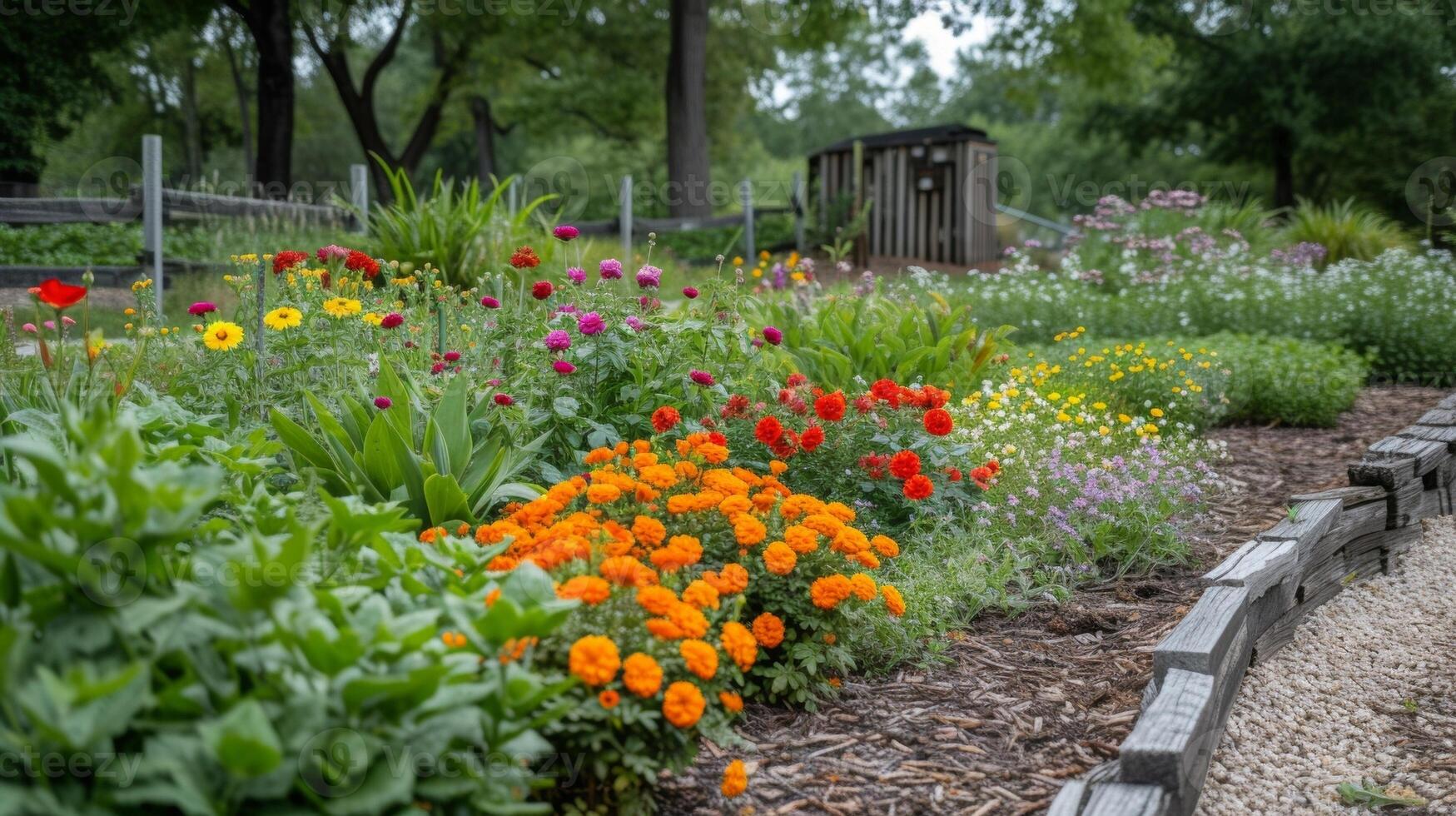 un variedad de flores y plantas desde delicado rosas a resistente suculentas hacer esta comunidad jardín un cierto visión a Mirad foto