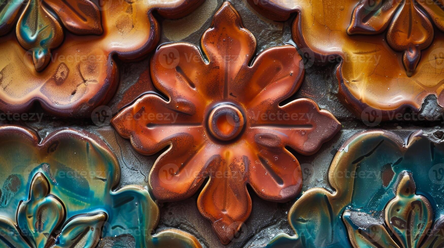 A closeup shot of a clay relief tile in its fired form showing the rich and vibrant colors that can be achieved through careful glazing and firing. photo