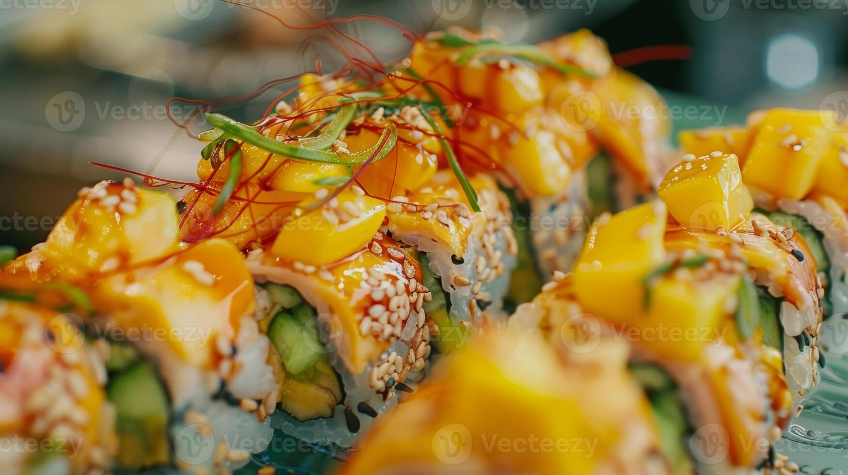 Take a trip to the tropics with these sushi rolls featuring juicy mango crunchy cucumber and tender bites of fresh lobster photo