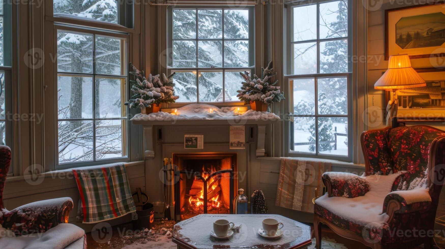 With a cup of hot cocoa in hand guests can cozy up to the bed and breakfasts fireplace and watch the snowfall outside. 2d flat cartoon photo