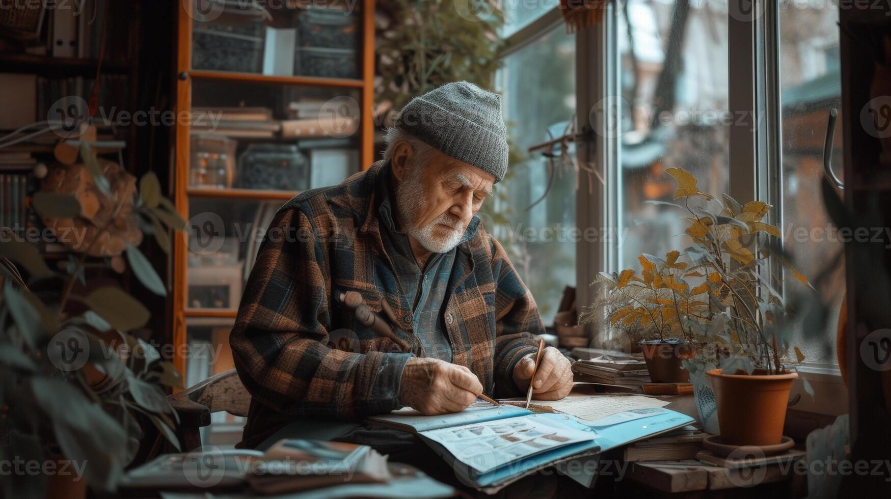 In a quiet corner of his home an elderly man is crafting handmade items to sell on his passive income platform photo
