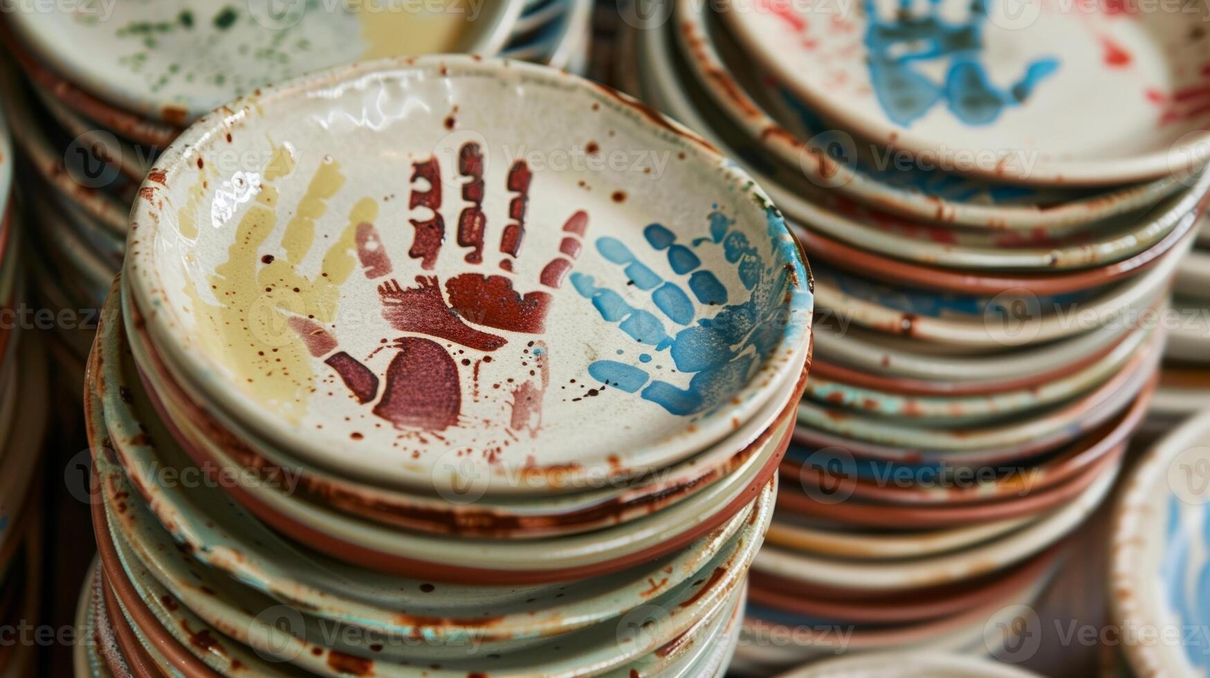 A stack of custom pottery plates each one displaying a different childs handprint and name for a heartfelt Fathers Day gift. photo