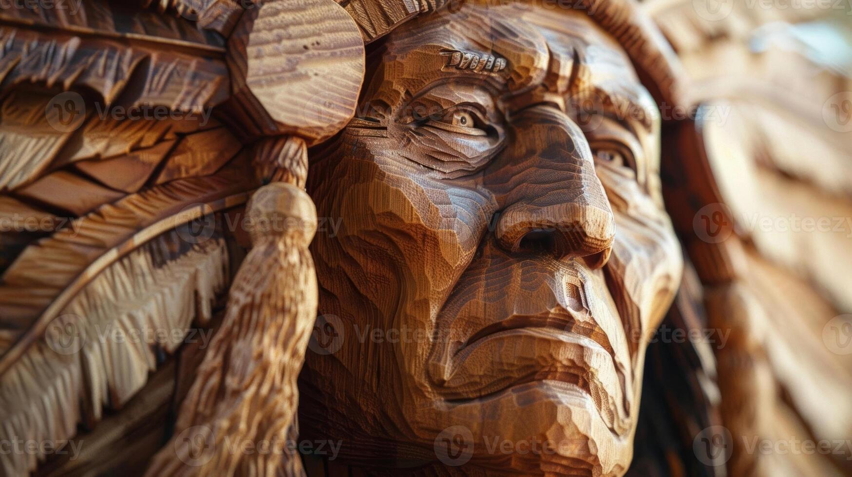 A wooden sculpture of a Native American chief gazing intently into the distance his stoic expression commanding attention photo