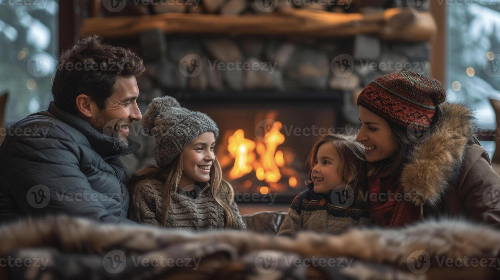 A family gathers around a fireplace surrounded by doublepaned glass doors. The caption reads Enjoy the ambiance of a roaring fire while keeping your home energyefficient wit photo