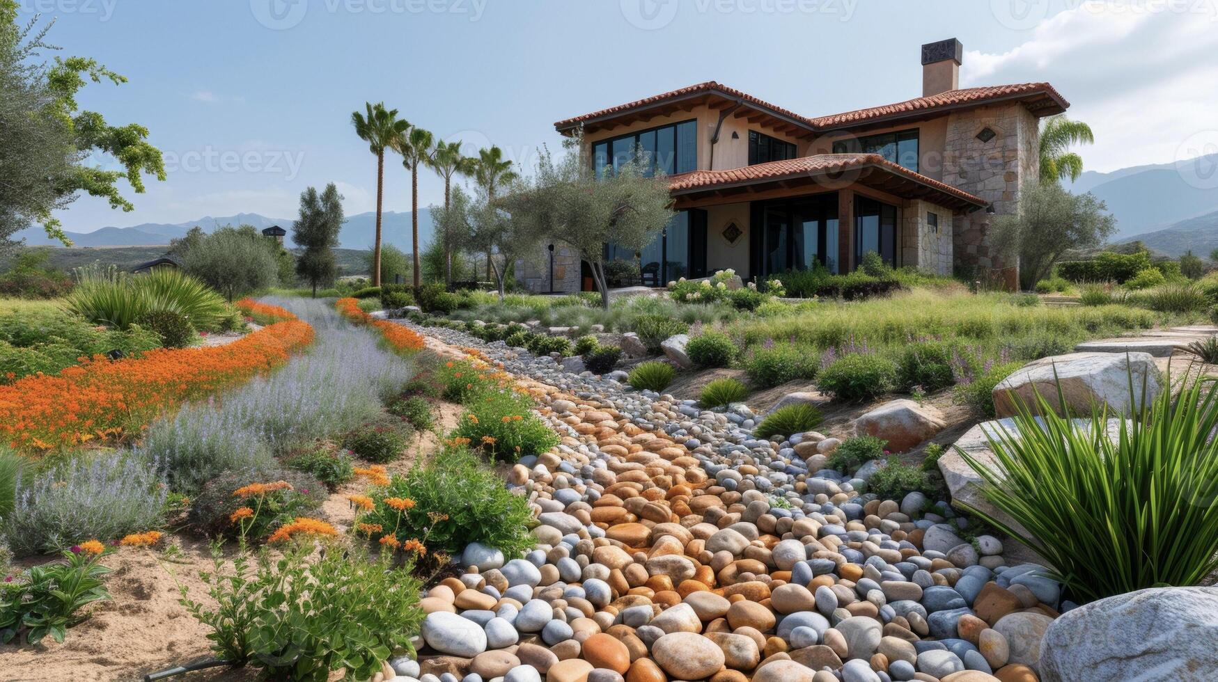 A lush garden in a dry arid climate fed entirely by a homes rainwater collection system proving that even the driest of regions can benefit from sustainable water usage practices photo