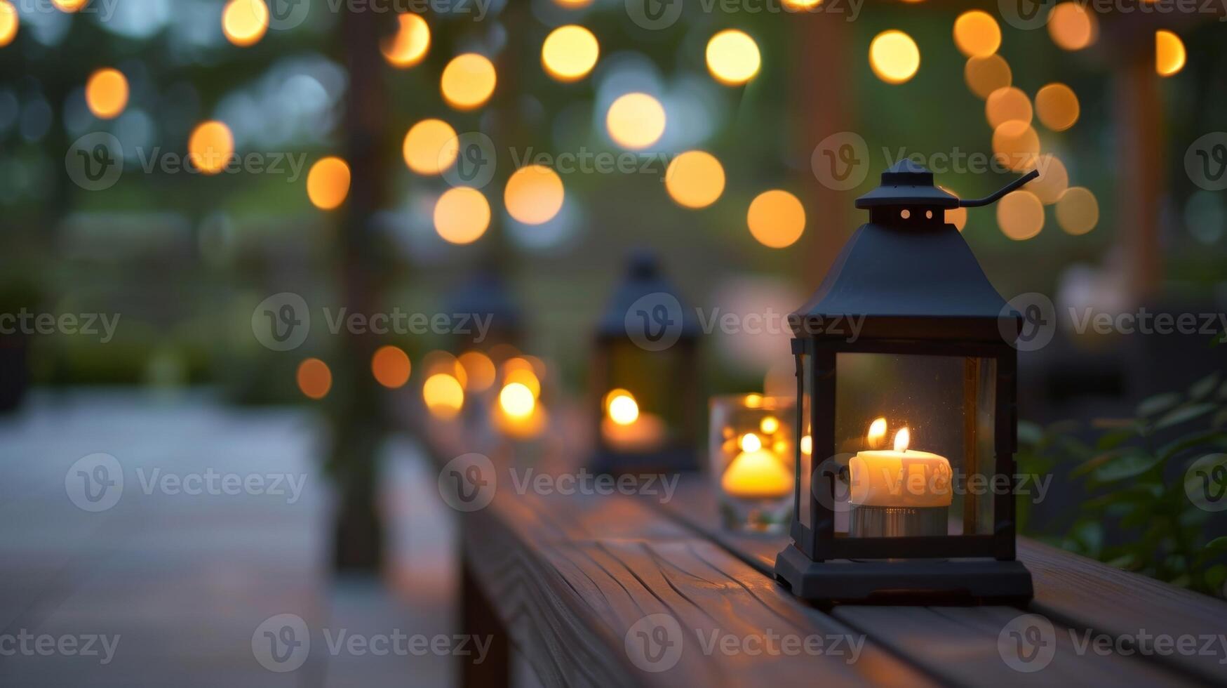 pequeño linternas lleno con parpadeando velas línea el perímetro de el patio agregando un toque de romance a el íntimo reunión. 2d plano dibujos animados foto