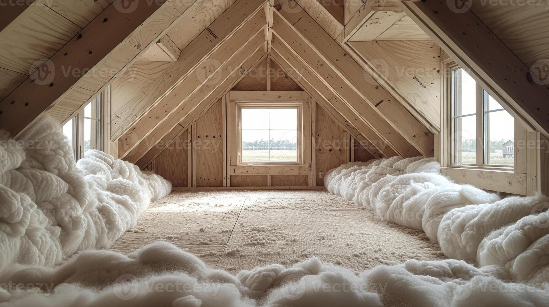 The third image showcases a unique od for insulating attic walls. Instead of traditional insulation material the walls are covered with a layer of spray foam insulation. Th photo