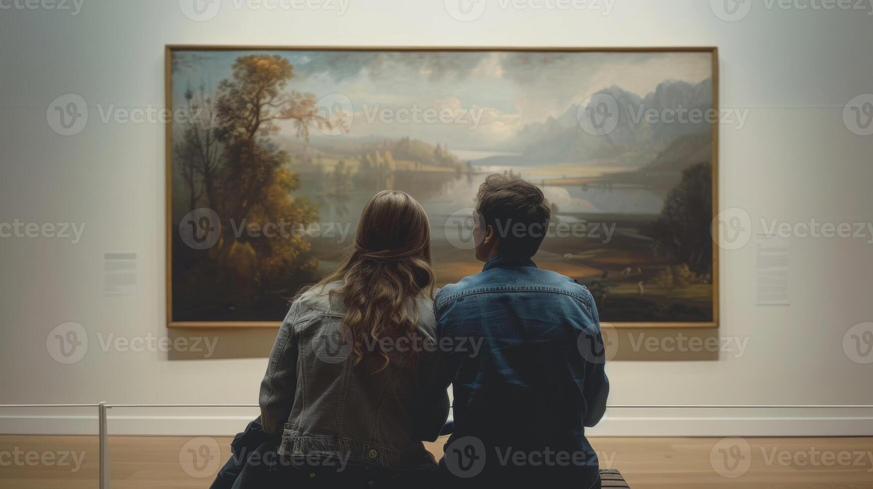 A couple sitting on a bench admiring the beauty of a traditional landscape painting in a quiet and intimate gallery room photo