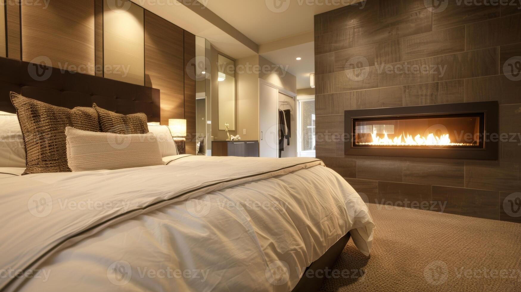 A stunning fireplace with a customizable flame feature adds warmth and character to this contemporary bedroom. 2d flat cartoon photo