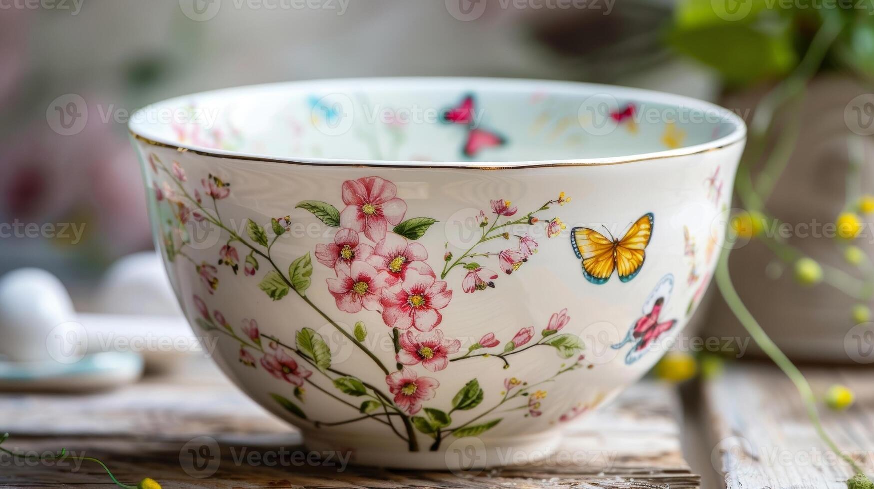 A delicate ceramic bowl with a glossy finish featuring a handpainted design of spring butterflies and flowers a lovely addition to any tea party or garden gathering. photo