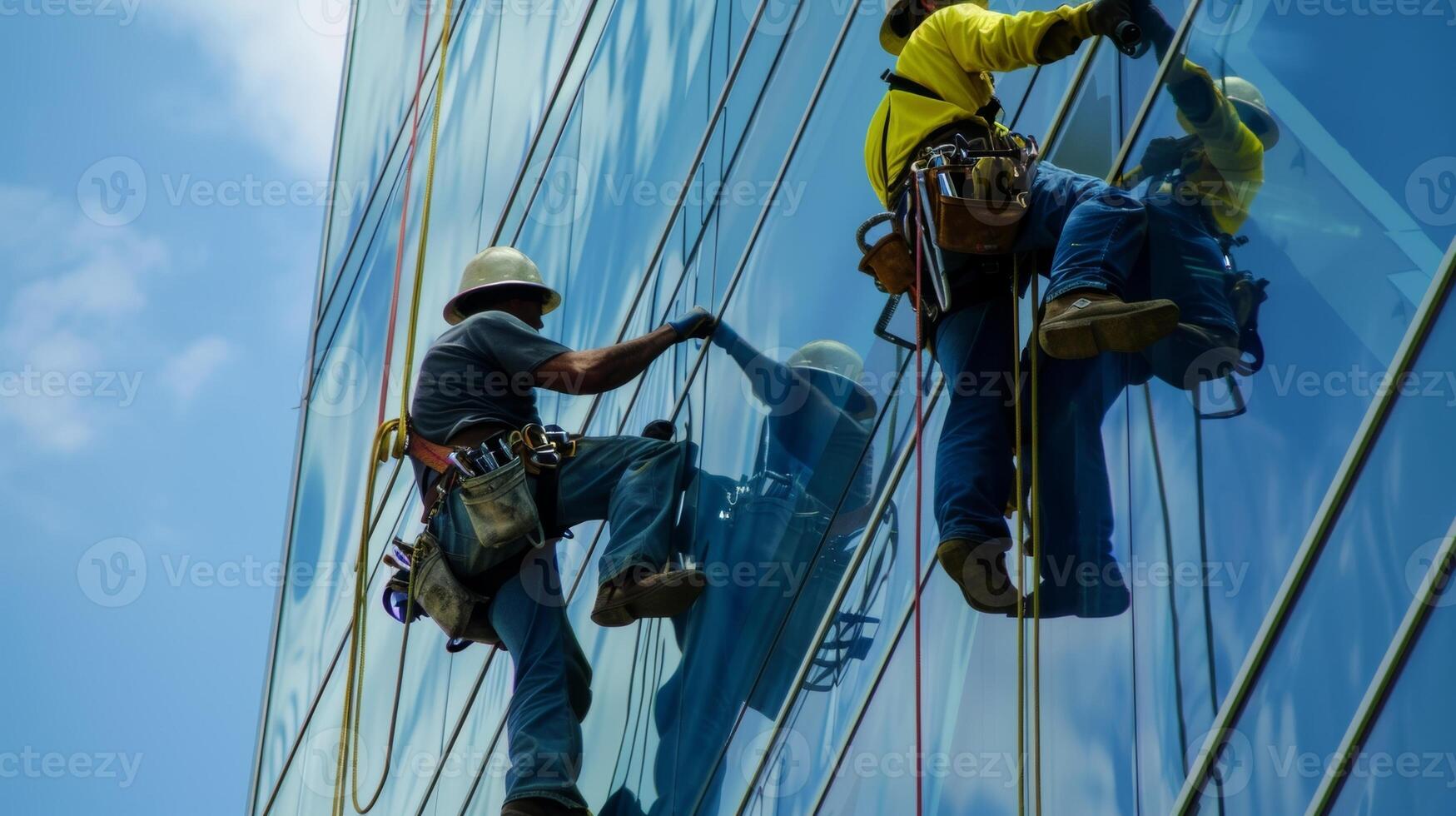 On the lower levels workers use their tools to secure the finishing touches on the installed windows ensuring they can withstand the elements photo