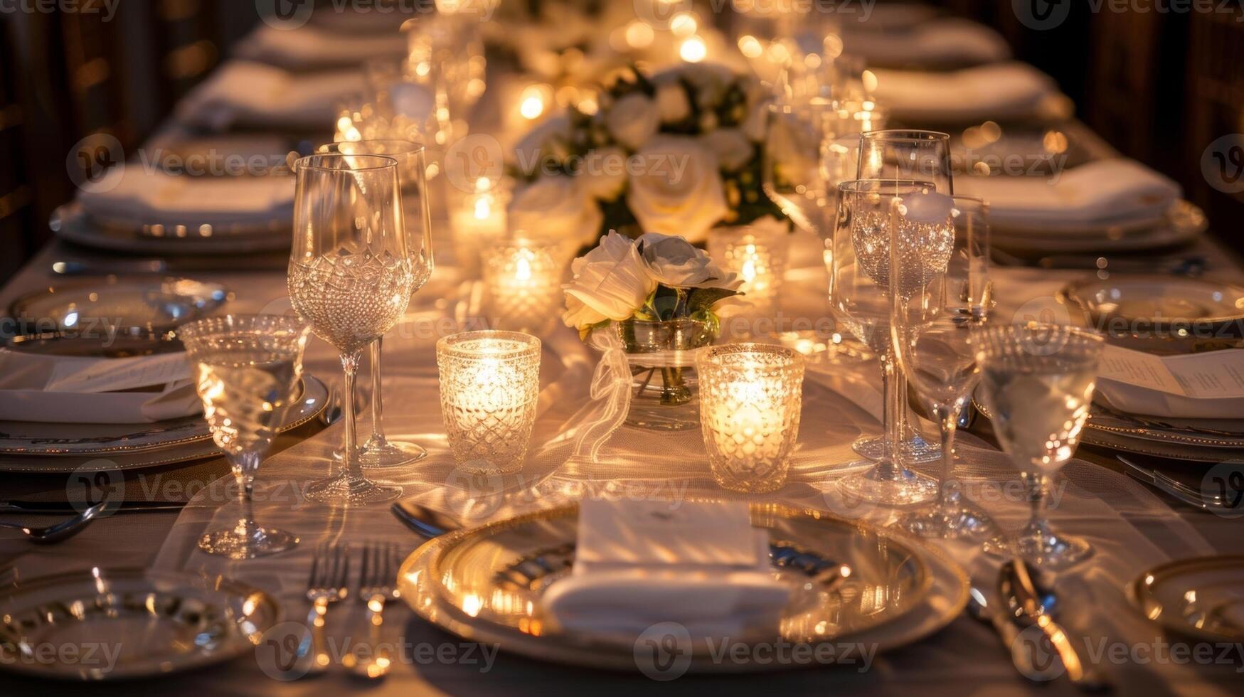 The soft warm light of the candles reflects off the polished silverware and crystal glasses creating a stunning and luxurious tablescape. 2d flat cartoon photo