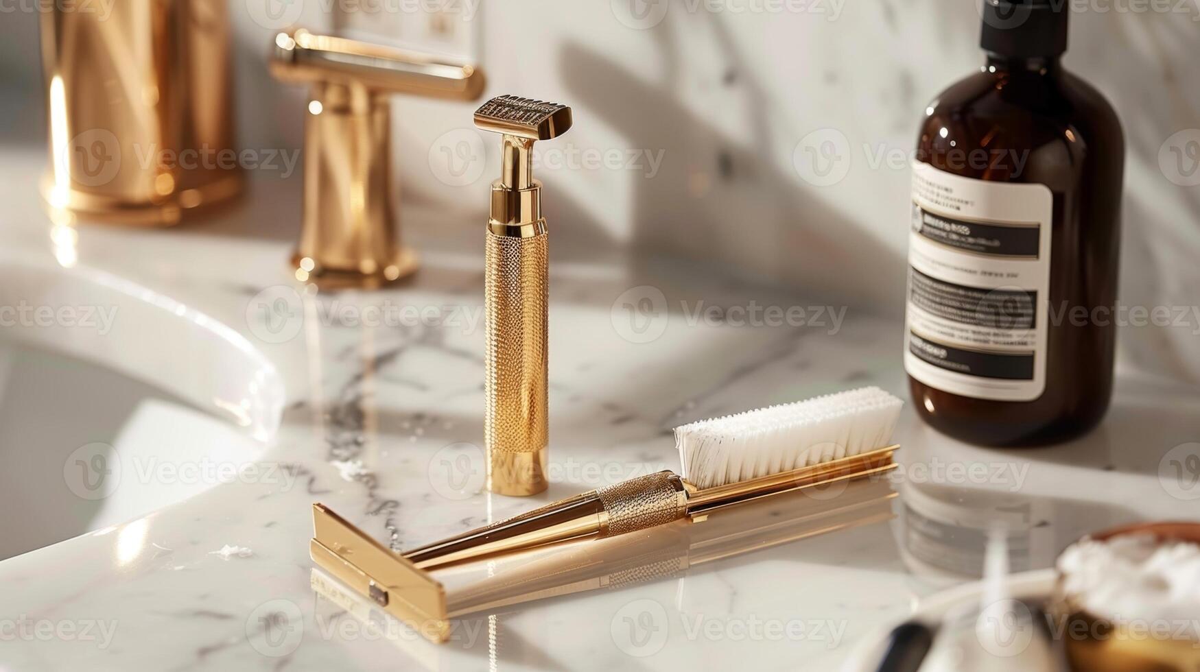 A collection of luxurious grooming tools featuring a golden safety razor ergonomic trimmer and exfoliating facial scrub photo