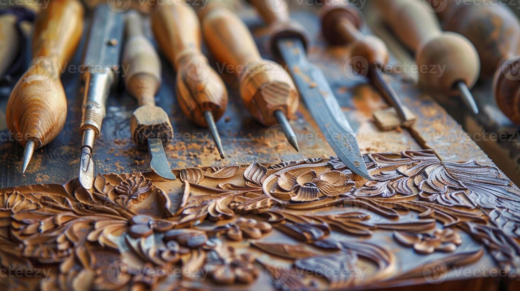 A set of carving tools carefully etching intricate designs into a piece of clay. photo