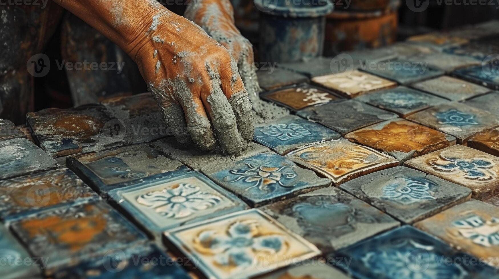The skilled hands of an artisan carefully applying grout between individual tiles ensuring a perfect finish that highlights the beauty of the handcrafted pieces photo