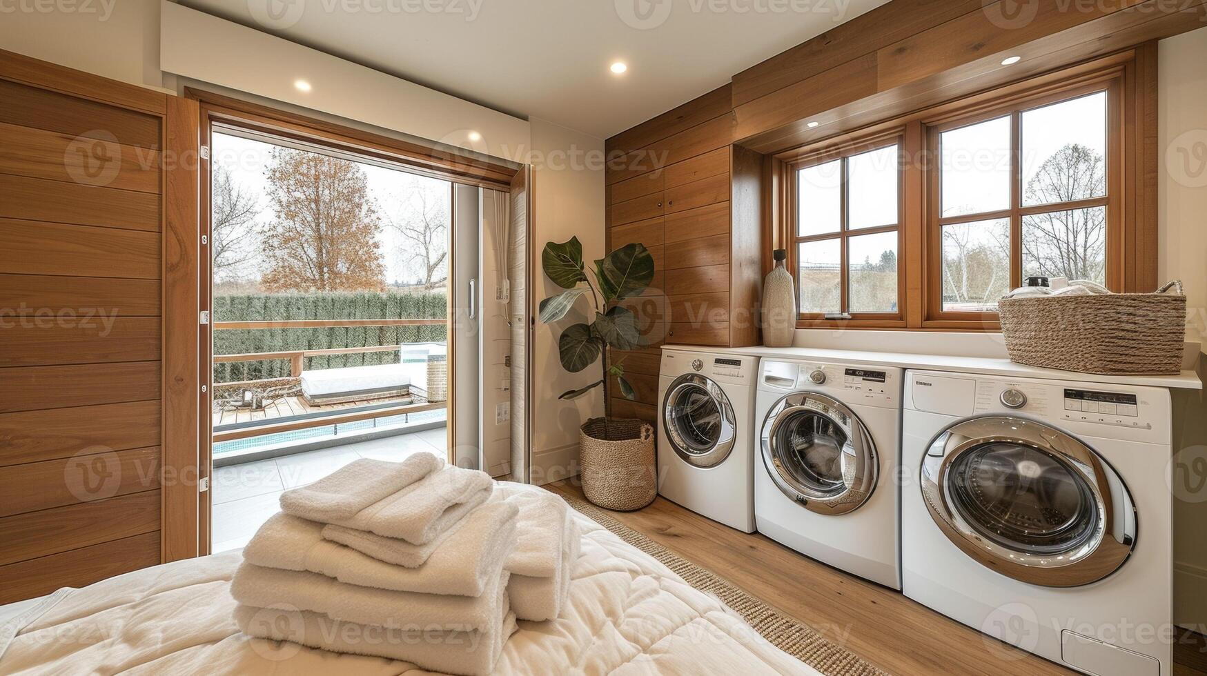 A modern and functional laundry room with builtin washer and dryer units cleverly hidden behind cabinet doors optimizing space and keeping the room clutterfree photo