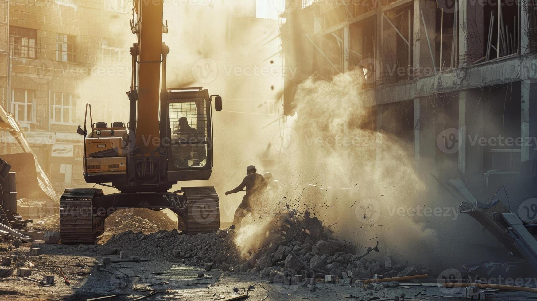 Dust and debris fly as workers use heavy machinery to hoist steel beams into place carefully avoiding collisions and mishaps photo