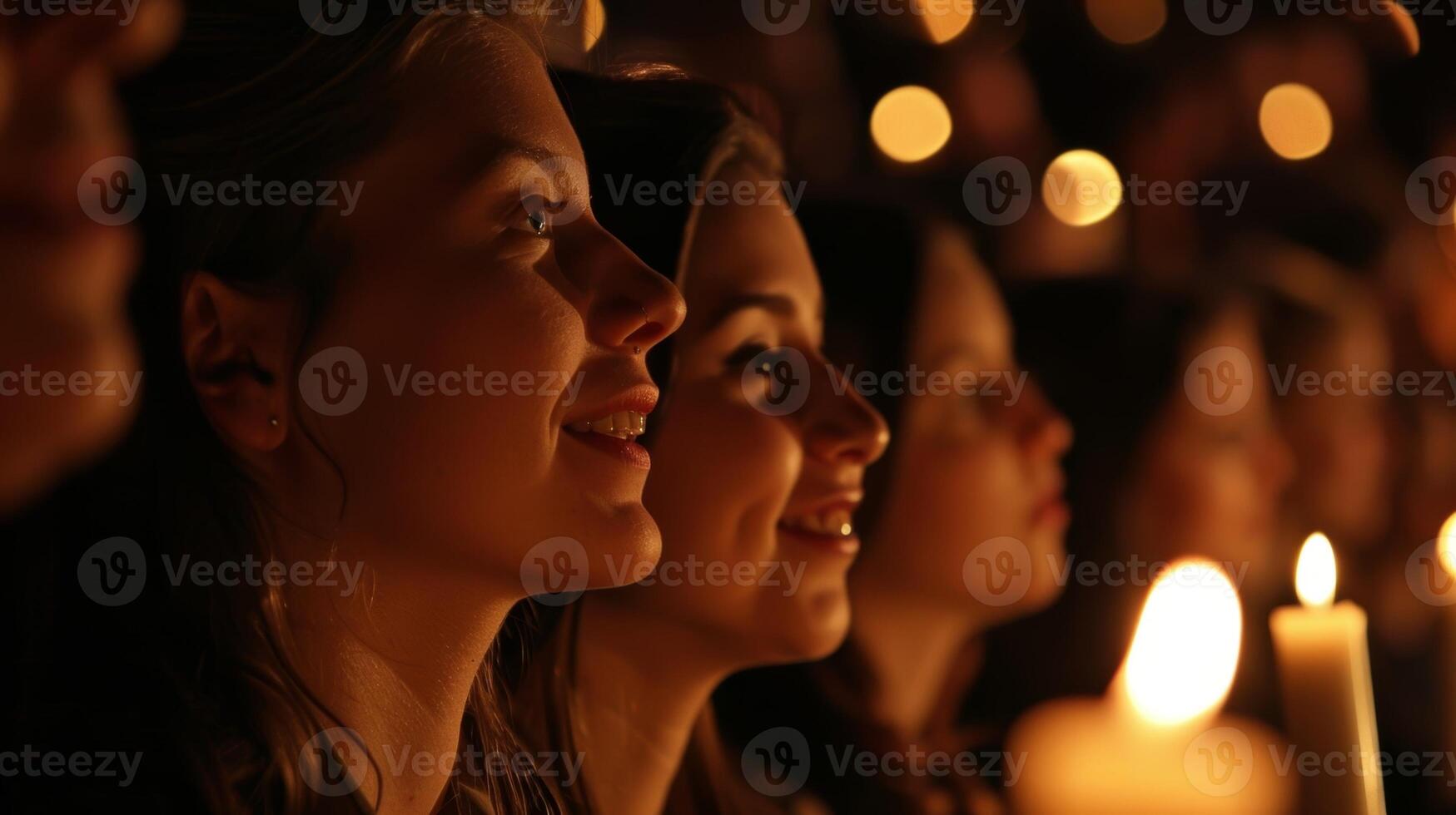 The candlelight dances across the faces of the audience reflecting their delight in the music. 2d flat cartoon photo