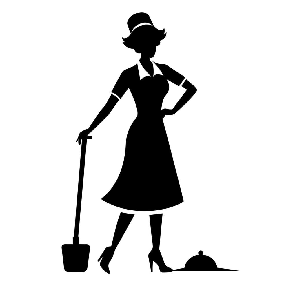 A cleaner woman meticulously cleaning the room flat style silhouette vector