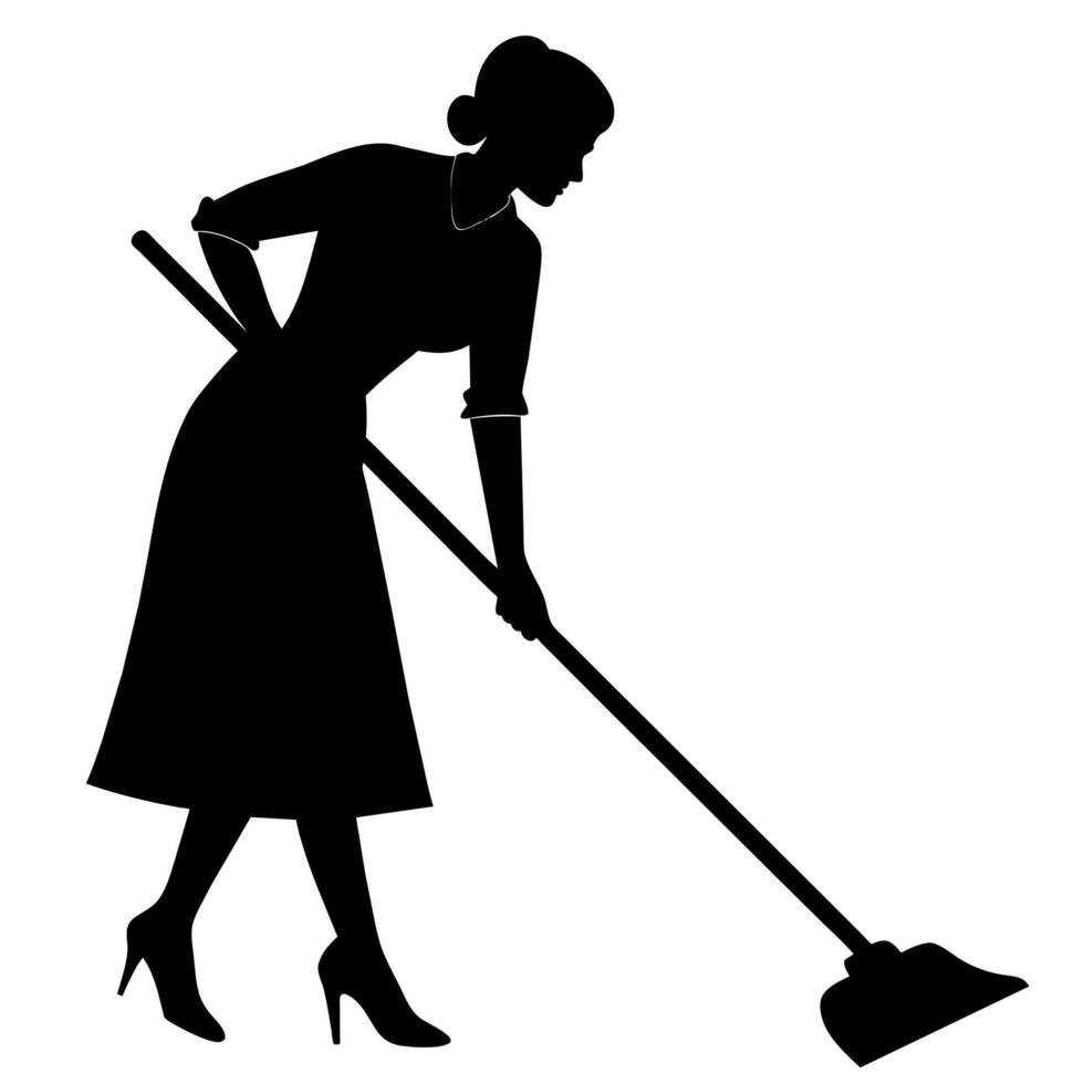 A cleaner woman meticulously cleaning the room flat style silhouette vector