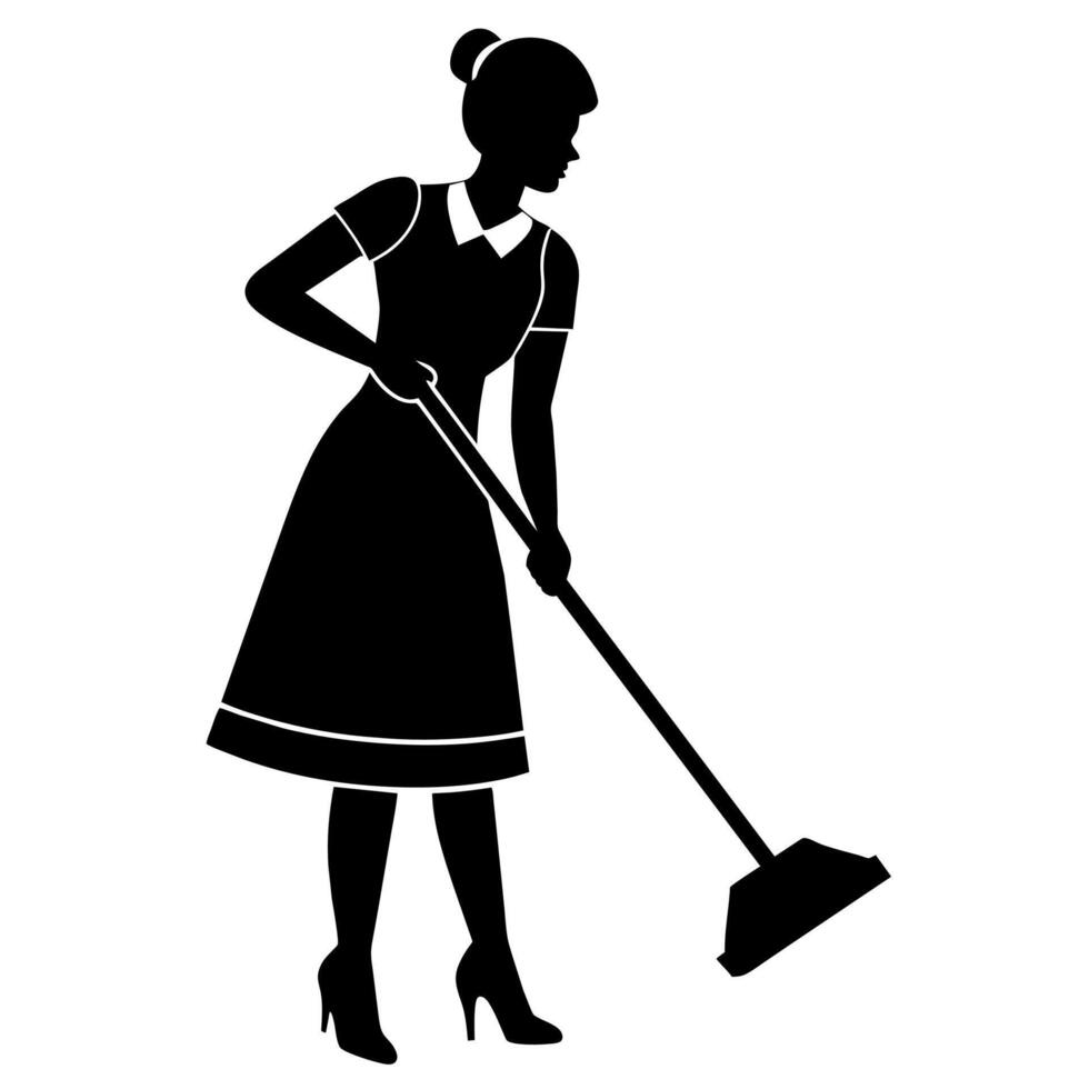 A cleaner woman meticulously cleaning the room flat style silhouette vector