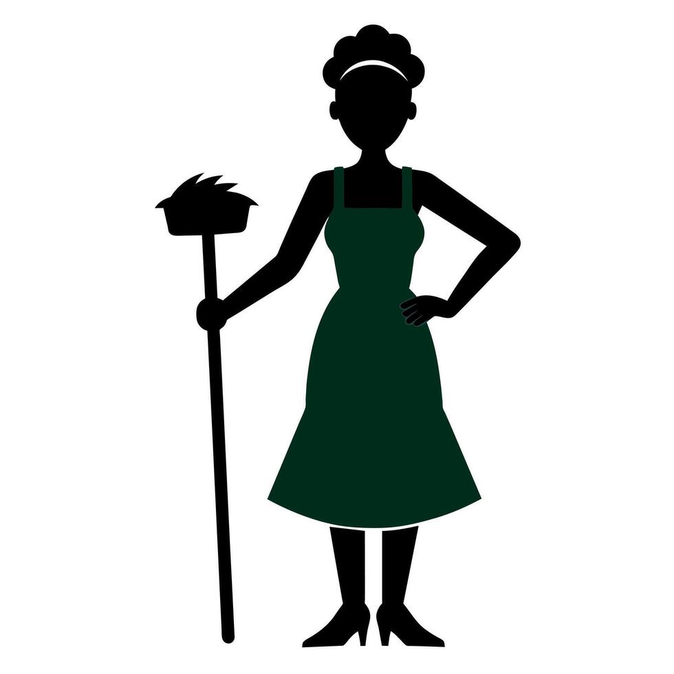 A cleaner woman meticulously cleaning the room flat style silhouette vector