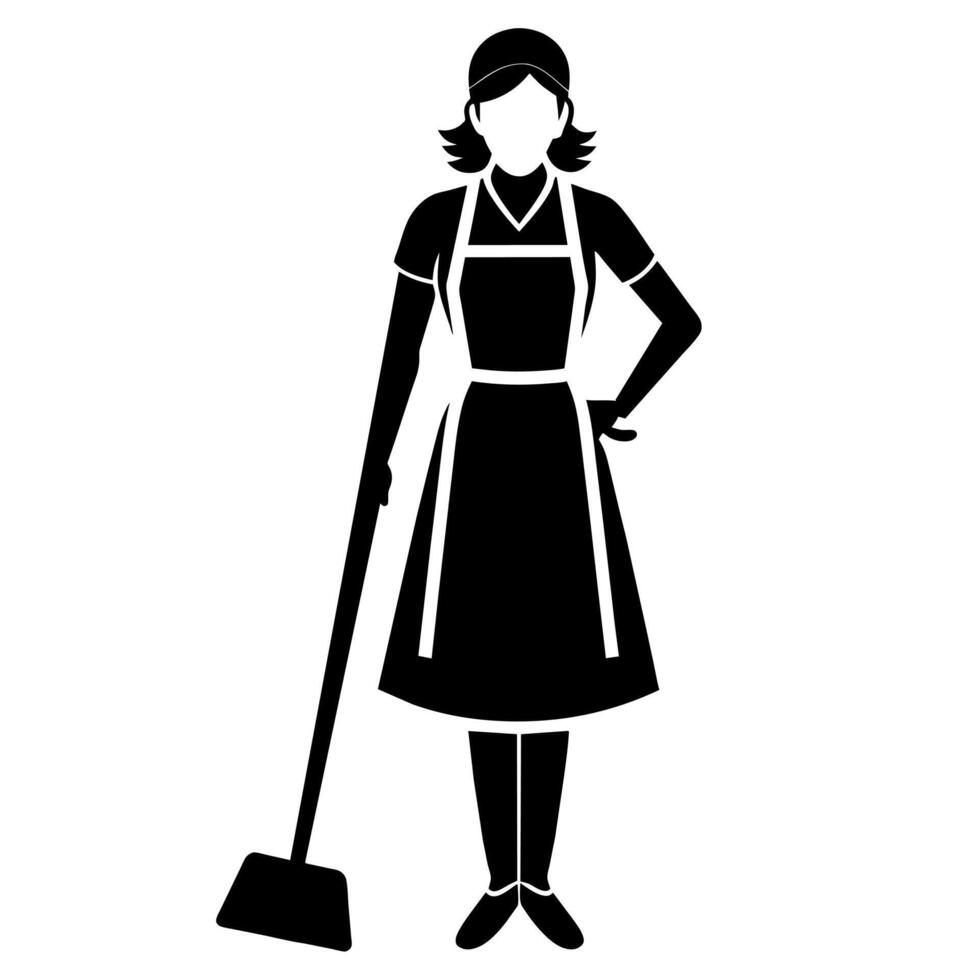 A cleaner woman meticulously cleaning the room flat style silhouette vector