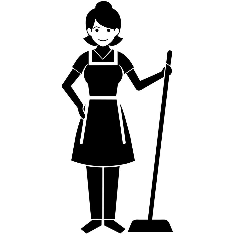 A cleaner woman meticulously cleaning the room flat style silhouette vector