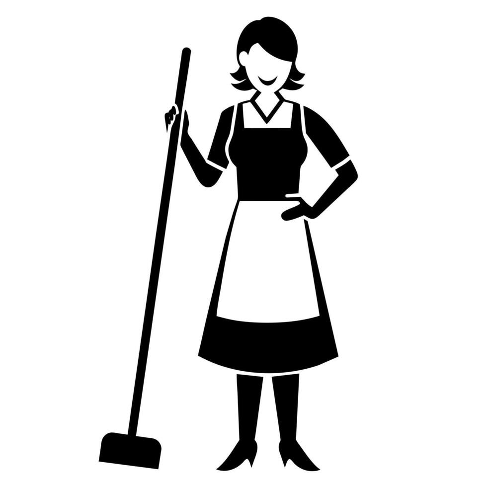 A cleaner woman meticulously cleaning the room flat style silhouette vector