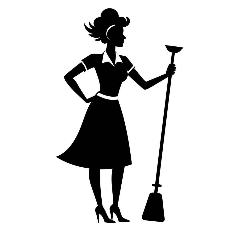 A cleaner woman meticulously cleaning the room flat style silhouette vector