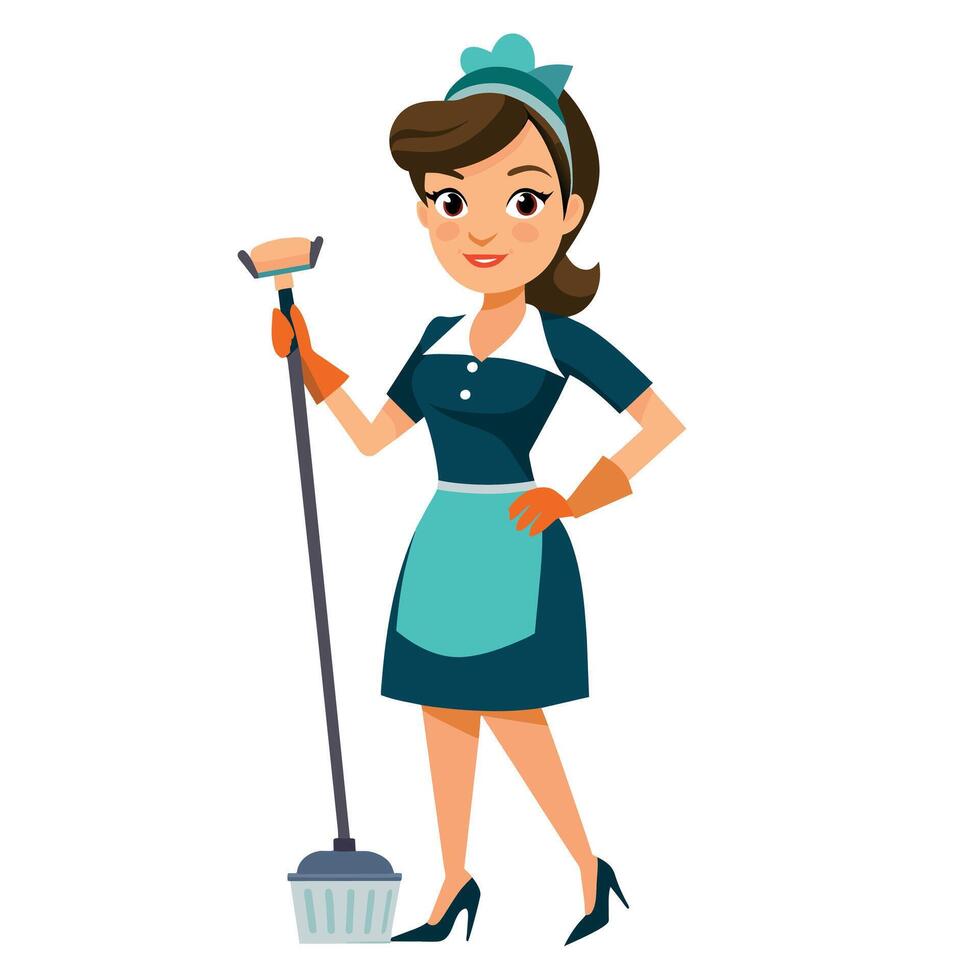 A cleaner woman meticulously cleaning the room flat style silhouette vector