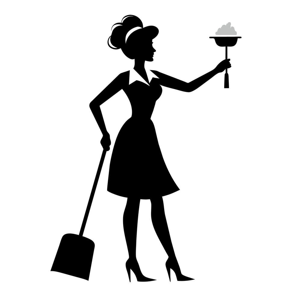 A cleaner woman meticulously cleaning the room flat style silhouette vector