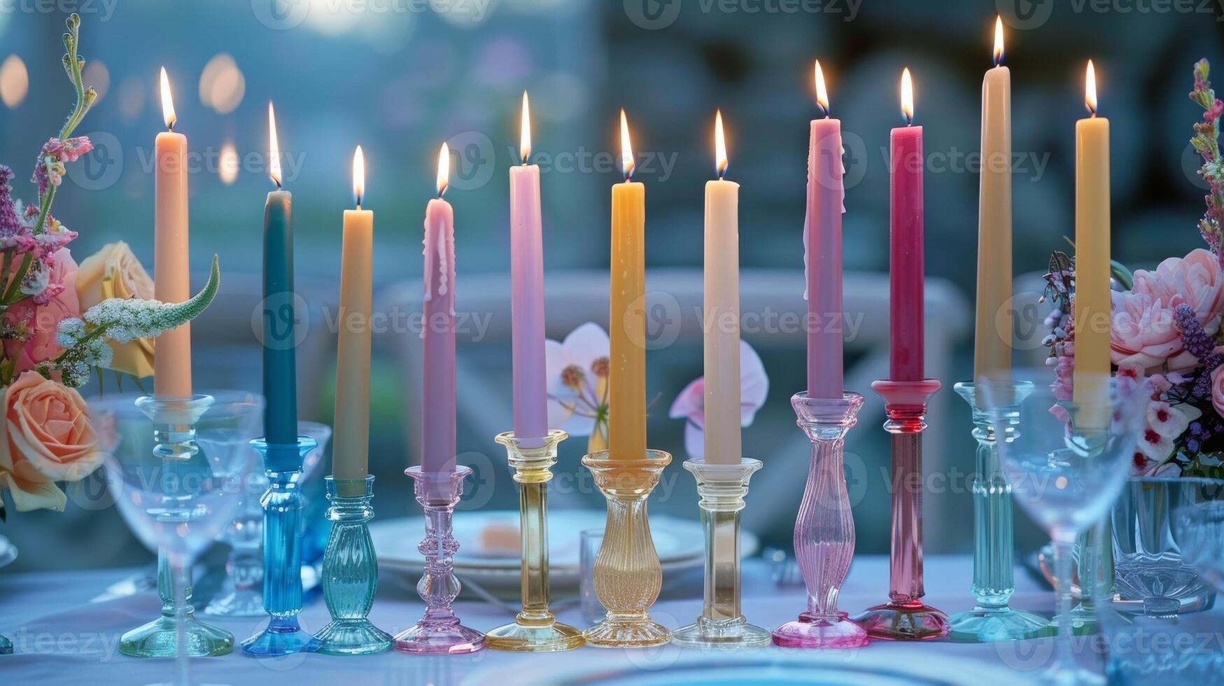 A collection of elegant taper candles in various jewel tones casting a romantic aura over a dinner table photo