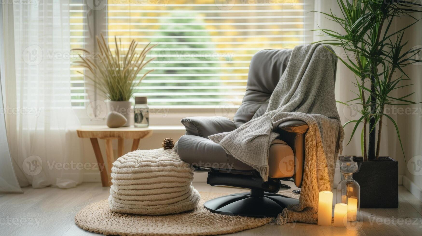 A cozy corner of a living room dedicated to relaxation furnished with a reclining chair essential oil diffuser and soft throw blankets for a peaceful evening in photo