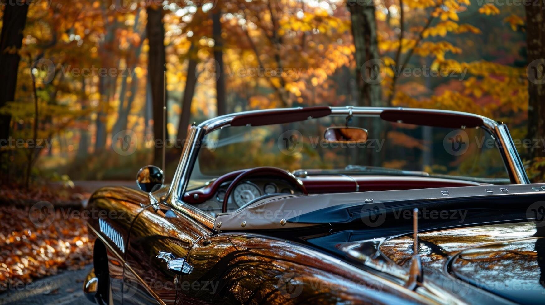 The elegant lines of a sleek convertible are highlighted by the vibrant colors of the changing leaves during a fall drive photo