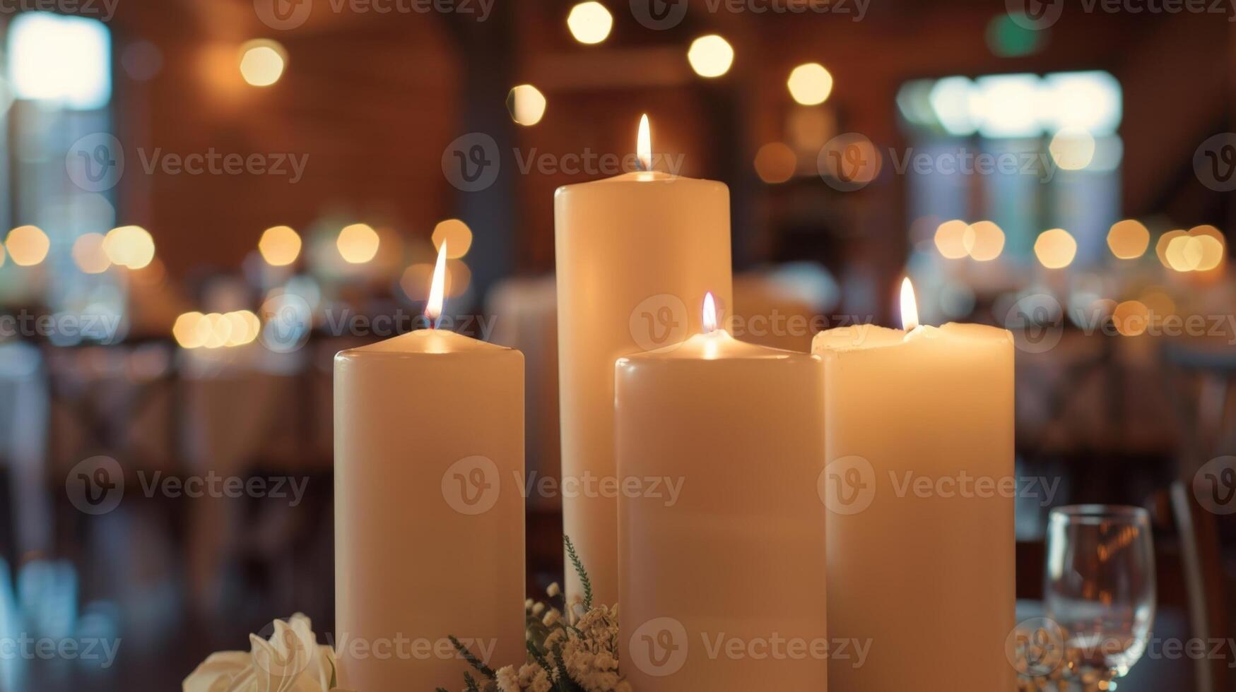 Candles in varying heights and sizes are tered around the room adding to the soft romantic lighting. 2d flat cartoon photo