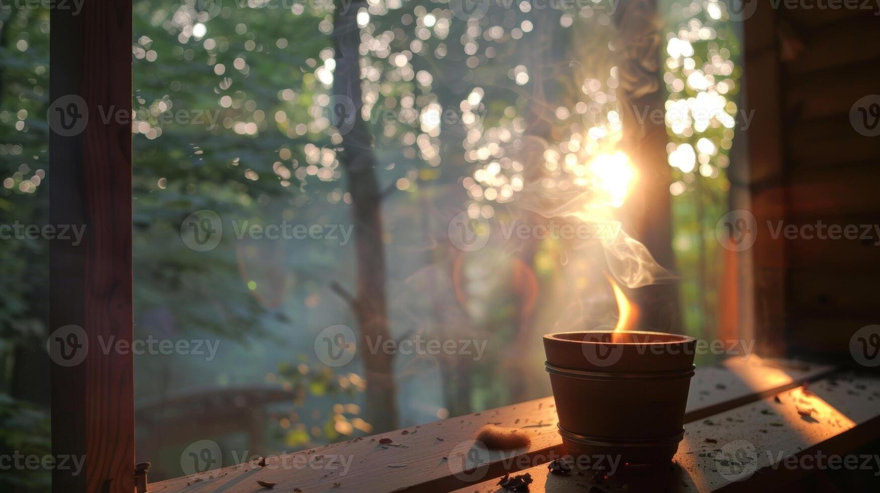 A peaceful setting of a sauna in the woods the sounds of nature in the background as individuals come together to meditate and tune out the distractions of the outside world. photo