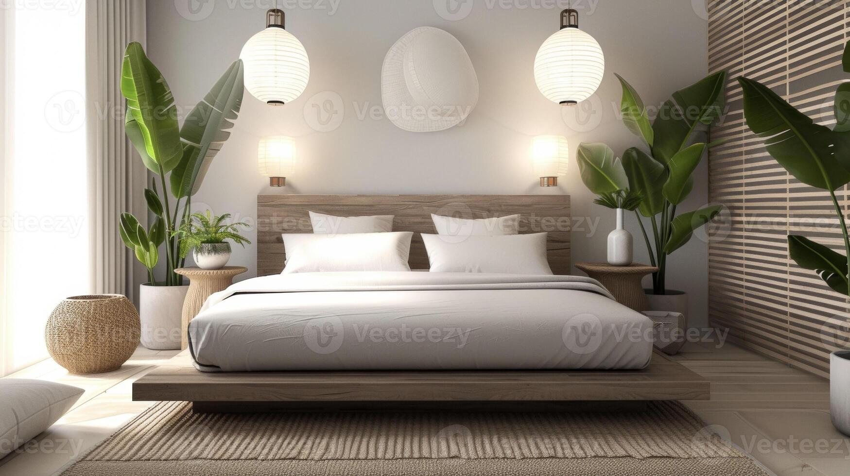 A modern bedroom with a blend of Japanese and Scandinavian influences featuring a low platform bed paper lanterns and natural elements like plants and a bamboo rug. The overal photo