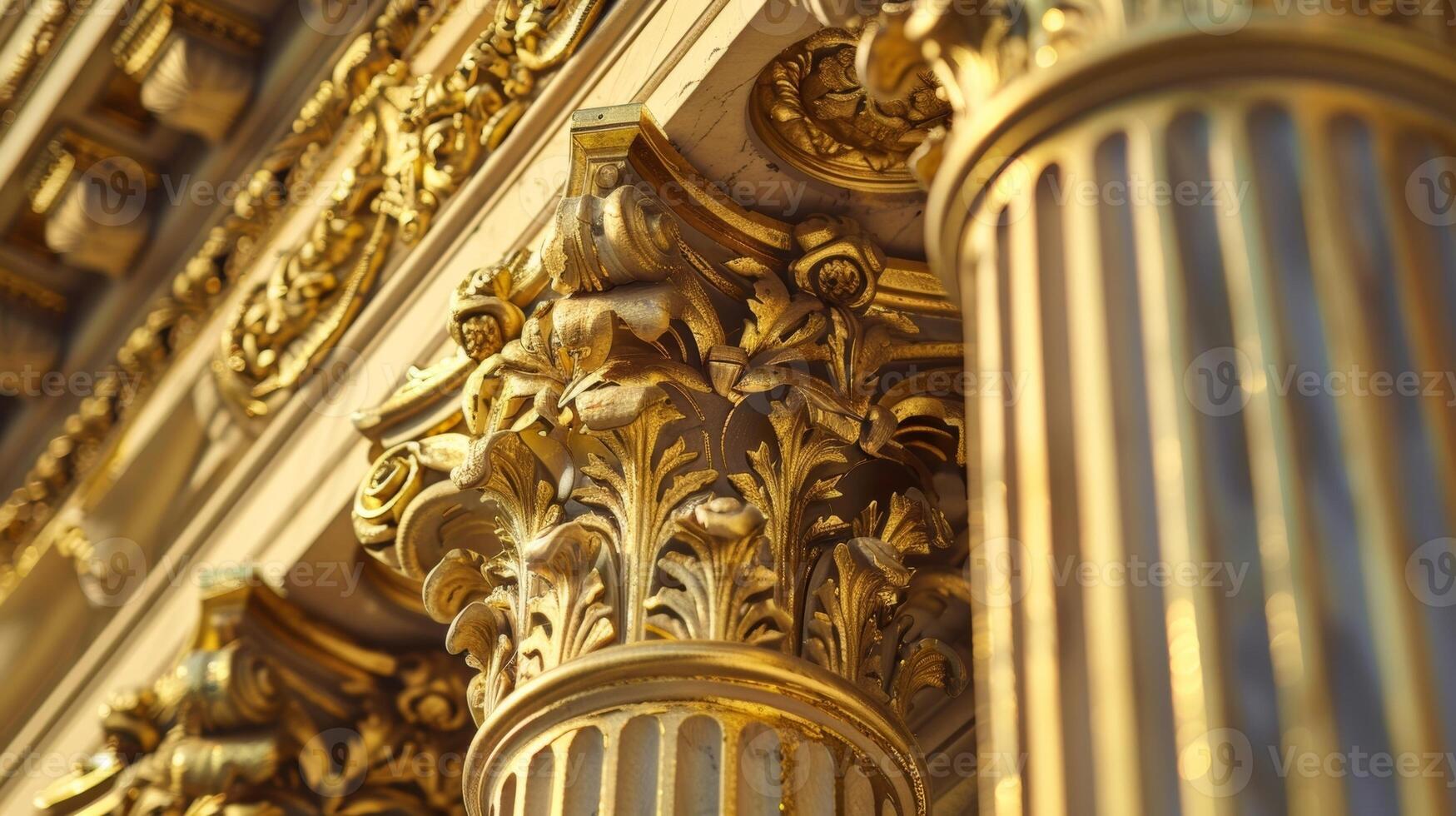 utilizando periodo apropiado tecnicas trabajadores son cuidadosamente aplicando nuevo capas de oro hoja a florido columnas de un histórico griego renacimiento edificio foto