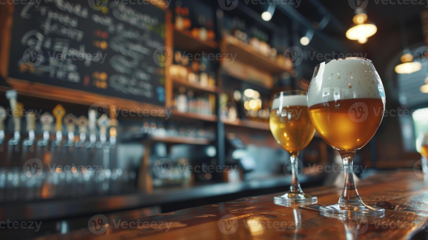 A chalkboard menu listing the various nonalcoholic beers and brews available for tasting with descriptions and flavor profiles written next to each one photo