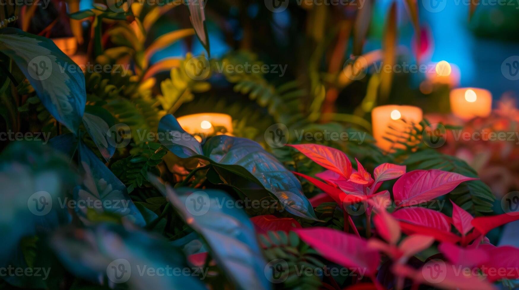 In the candlelight faces are softened and the vibrant colors of the plants seem to come to life providing a beautiful backdrop for the workshop. 2d flat cartoon photo