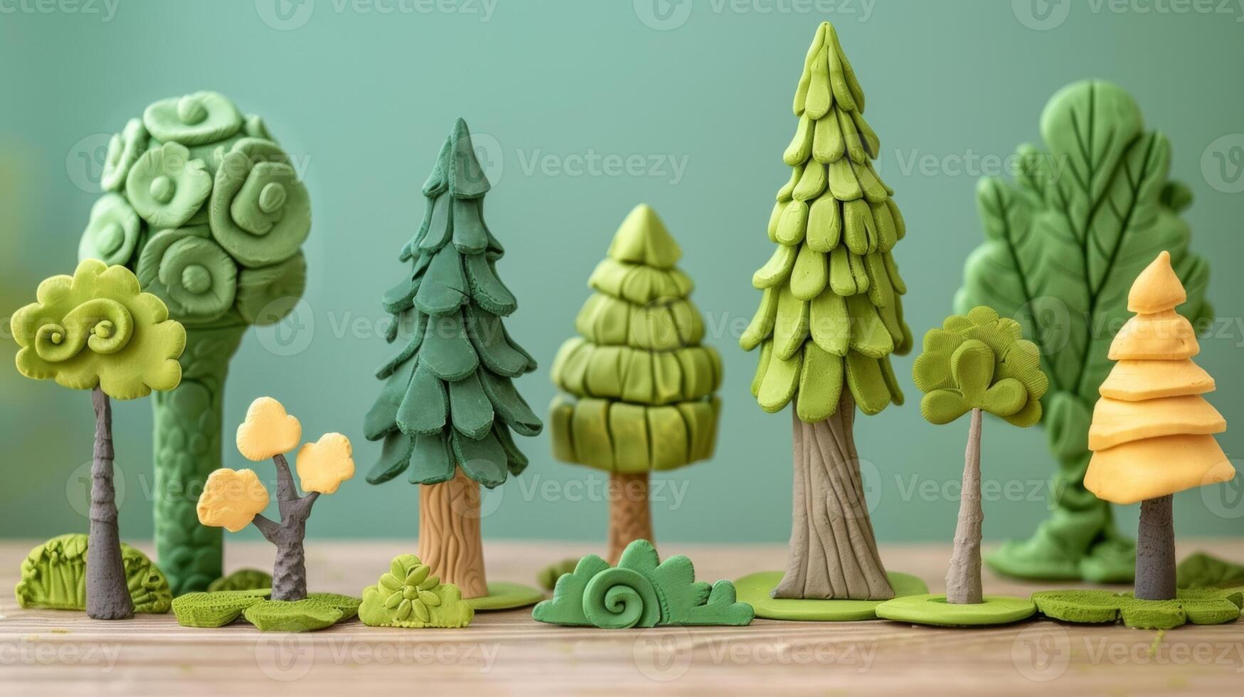 A group of clay trees varying in size and shape perfect for building a forest set in a stopmotion film. photo