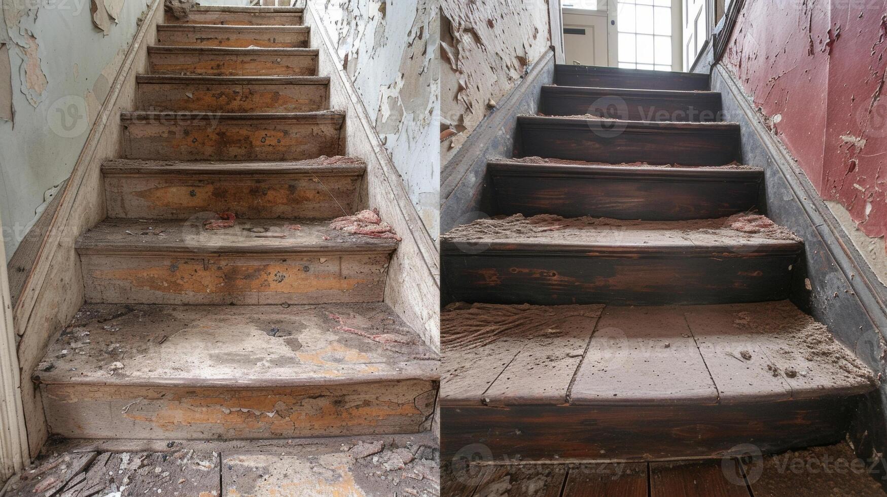 A series of photos showing the stepbystep process of restoring an old rundown staircase back to its former glory highlighting the hard work and dedication of skilled craftsmen