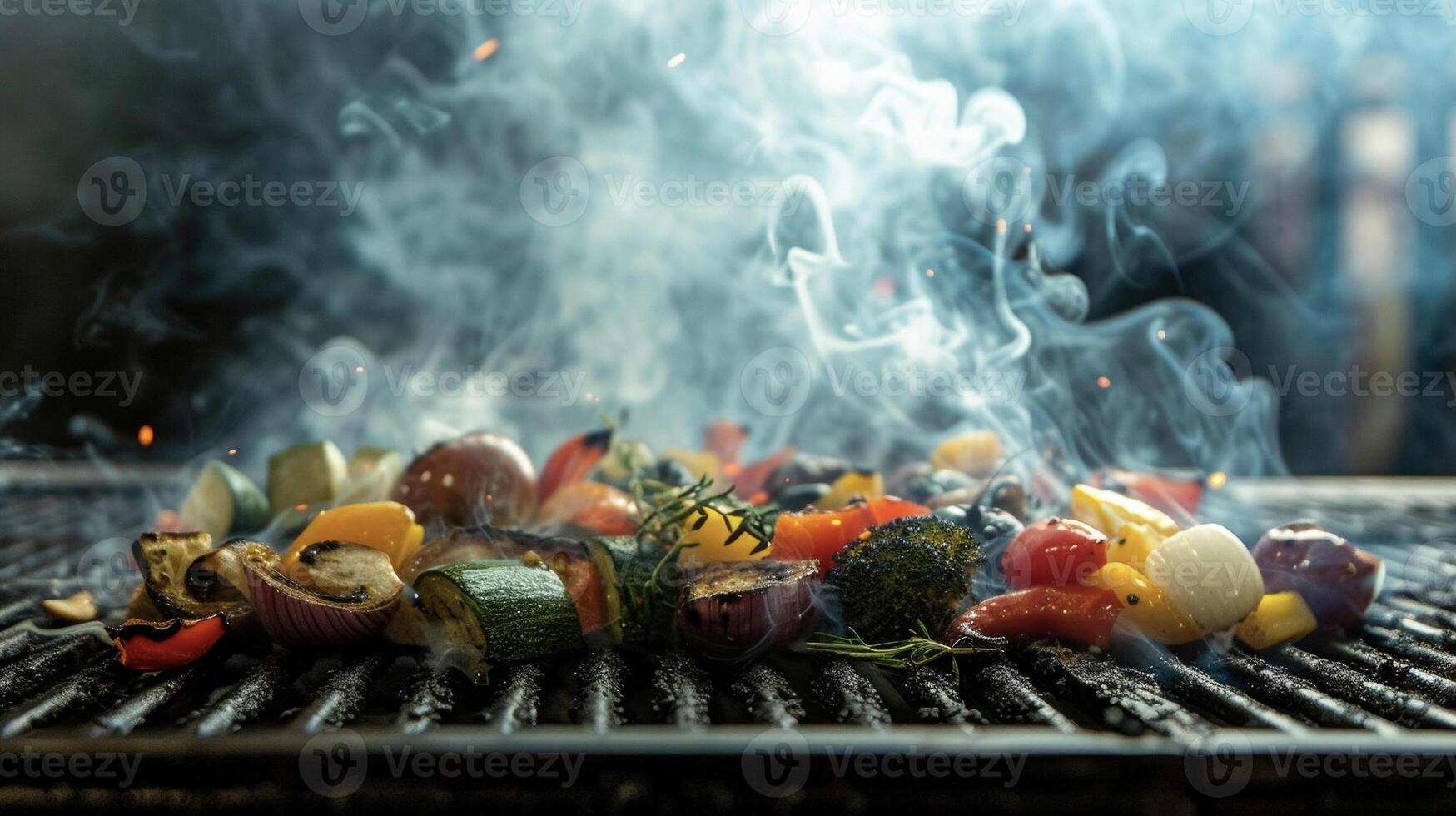 Smoky tendrils curl and drift from a grill piled high with a variety of woodgrilled vegetables promising a truly delectable dining experience photo