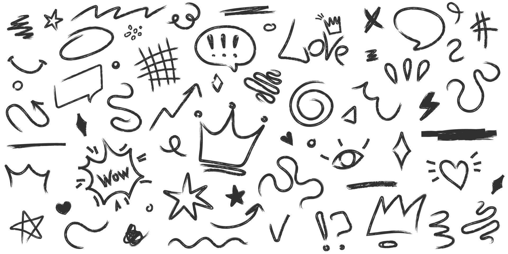 Hand drawn graffiti squiggles. Doodle scribbles, curved lines and symbols set vector